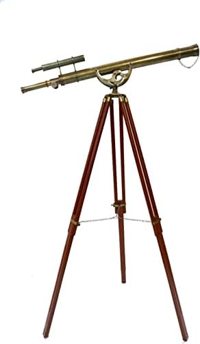 Maritime Antique Double Barrel Telescope with Brass Mount and Wooden Tripod