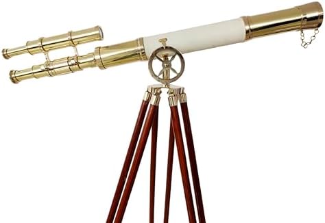 Vintage Floor Standing Telescope with Brass Finish and Wooden Tripod