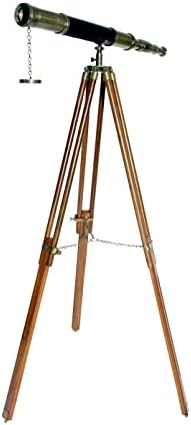 Single Barrel Vintage Floor Telescope Decor Black Leather Brass Wood Tripod