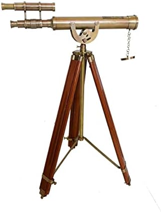 Victorian Antique Telescope with Brass Double Barrel and Wooden Tripod Stand