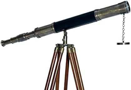 Single Barrel Vintage Floor Telescope Decor Black Leather Brass Wood Tripod