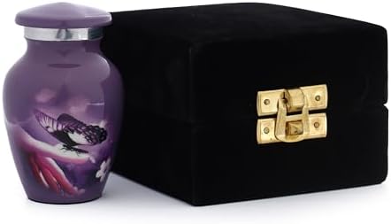 Bless International 3 Mini Brass Urn with Lid - Purple Butterfly Design