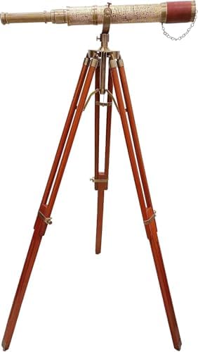 Nautical Handmade Telescope with Brown Leather and Wooden Tripod