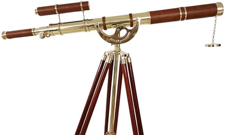 Vintage Brass Double Barrel Marine Telescope Floor Standing Wooden Tripod Collectible Home Office Decor