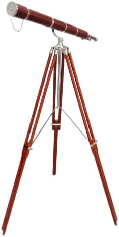 Vintage Nautical Brass Nickel Chrome Telescope with Brown Wooden Tripod
