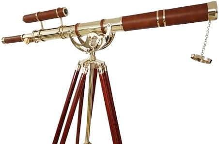 Vintage Brass Double Barrel Marine Telescope Floor Standing Wooden Tripod Collectible Home Office Decor
