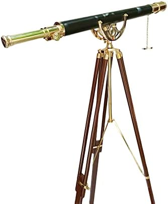 Antique Maritime Floor Standing Brass Telescope with Leather Barrel