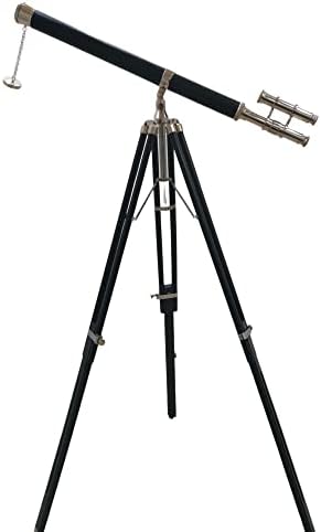 Vintage Chrome Telescope with Black Leather and Brass Scope on Adjustable Tripod Decorative Nautical Accent