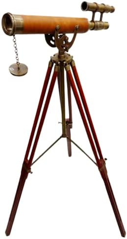 Antique Brass Telescope with Leather Cover and Wooden Tripod