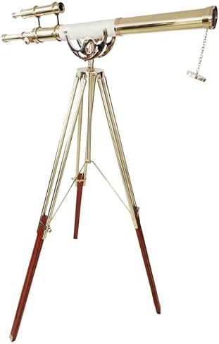 Double Barrel Shiny Brass Vintage Floor Telescope with Wooden Tripod