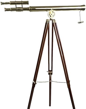 Double Barrel Telescope with Wooden Tripod Stand 32 Inch Brass 10X Magnification 42mm Lens