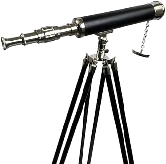 Navigators Charm 18 Inch Nickel And Leather Telescope With 10X Magnification On Wood Tripod Stand With Brass Fittings
