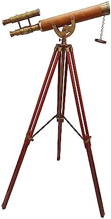 Antique Brass Telescope with Leather Cover and Wooden Tripod