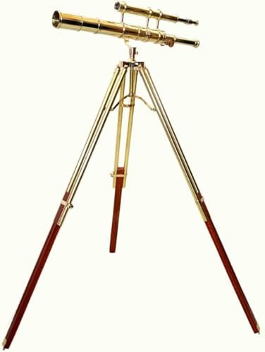 Vintage Telescope with Shiny Brass Finish and Wooden Tripod