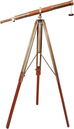 Designer Vintage Style Antique Brass Telescope Floor Standing Wooden Tripod