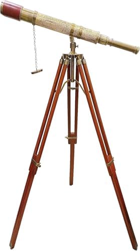 Nautical Handmade Telescope with Brown Leather and Wooden Tripod