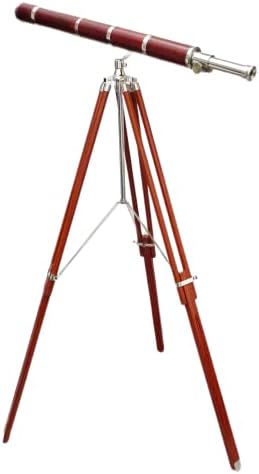 Vintage Nautical Brass Nickel Chrome Telescope with Brown Wooden Tripod