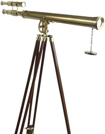 Double Barrel Telescope with Wooden Tripod Stand 32 Inch Brass 10X Magnification 42mm Lens