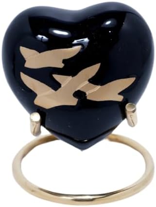 Royal Rapture Heart Urn Brass Cremation Keepsake with Stand Black Bird 3