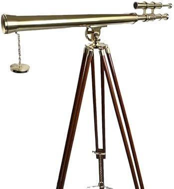 Double Barrel Telescope with Wooden Tripod Stand 32 Inch Brass 10X Magnification 42mm Lens
