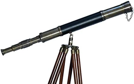 Single Barrel Vintage Floor Telescope Decor Black Leather Brass Wood Tripod
