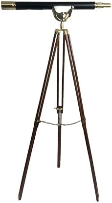 32 Inch Brass And Leather Mounted Telescope With 10x Magnification On Adjustable Wood Stand