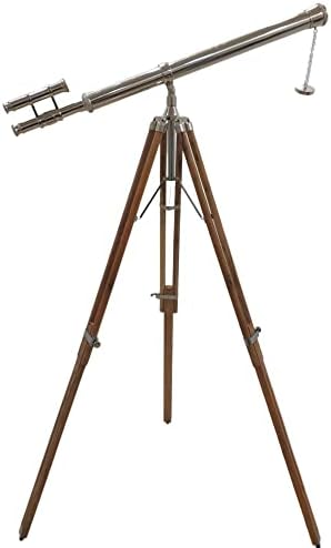 Vintage Maritime Double Barrel Telescope 64x Silver Brass with Wooden Tripod