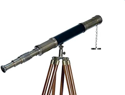 Single Barrel Vintage Floor Telescope Decor Black Leather Brass Wood Tripod