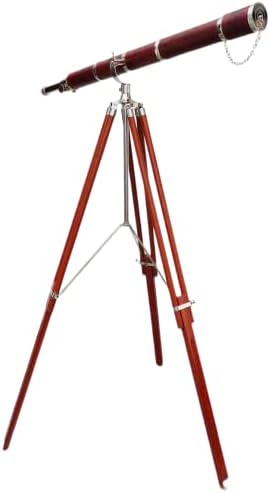 Vintage Nautical Brass Nickel Chrome Telescope with Brown Wooden Tripod