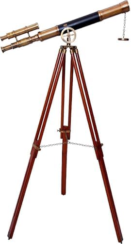 Nautical Designer Brass Telescope with Black Leather Cover and Wooden Tripod