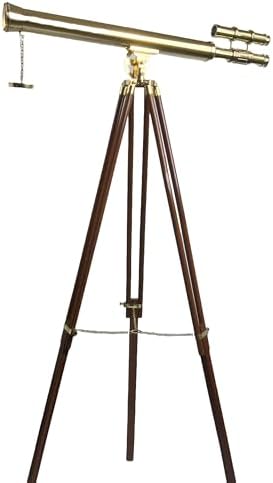 Double Barrel Telescope with Wooden Tripod Stand 32 Inch Brass 10X Magnification 42mm Lens