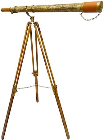 Nautical Vintage Solid Antique Brass Telescope with Leather Sheath and Wooden Tripod