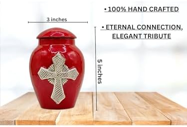 Red Cremation Urn for Ashes - 5 Decorative Aluminium Cross with Velvet Bag