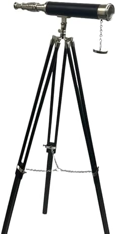 Navigators Charm 18 Inch Nickel And Leather Telescope With 10X Magnification On Wood Tripod Stand With Brass Fittings