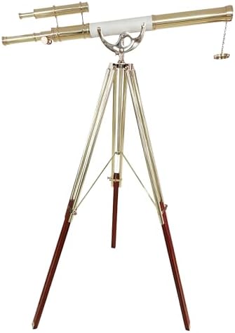 Double Barrel Shiny Brass Vintage Floor Telescope with Wooden Tripod