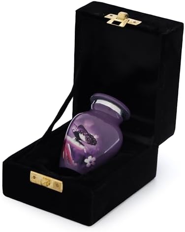 Bless International 3 Mini Brass Urn with Lid - Purple Butterfly Design