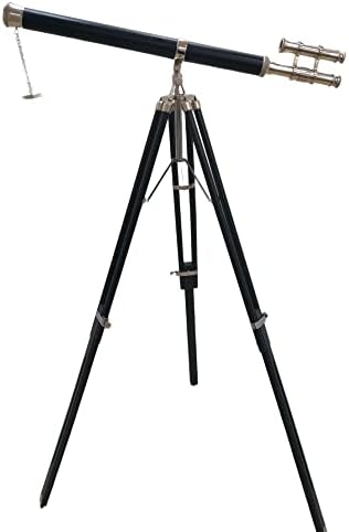 Vintage Chrome Telescope with Black Leather and Brass Scope on Adjustable Tripod Decorative Nautical Accent
