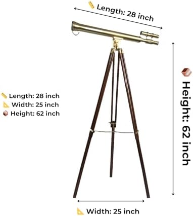Double Barrel Telescope with Wooden Tripod Stand 32 Inch Brass 10X Magnification 42mm Lens