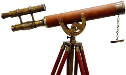 Antique Brass Telescope with Leather Cover and Wooden Tripod