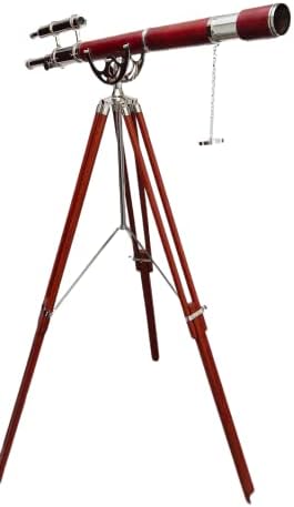 Nautical Vintage Double Barrel Telescope with Brass Mount and Brown Wooden Tripod