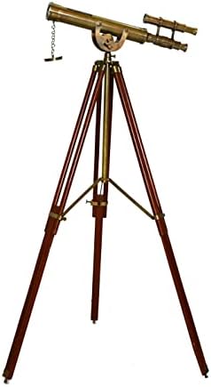 Victorian Antique Telescope with Brass Double Barrel and Wooden Tripod Stand