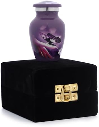 Bless International 3 Mini Brass Urn with Lid - Purple Butterfly Design
