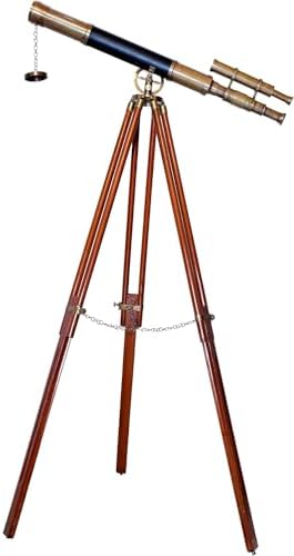 Vintage Marine Brass Telescope Double Barrel Floor Standing Wooden Tripod Decor