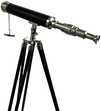 Navigators Charm 18 Inch Nickel And Leather Telescope With 10X Magnification On Wood Tripod Stand With Brass Fittings