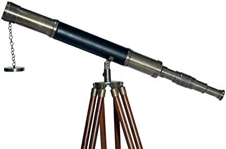 Single Barrel Vintage Floor Telescope Decor Black Leather Brass Wood Tripod