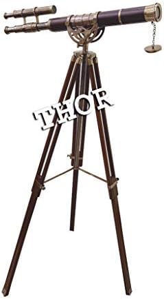 Vintage Decorative Brass Telescope Brown Leather Single Double Barrel Antique Tripod Set