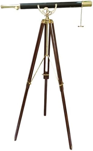 Antique Maritime Floor Standing Brass Telescope with Leather Barrel