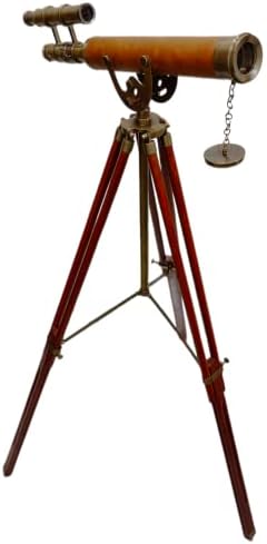 Antique Brass Telescope with Leather Cover and Wooden Tripod