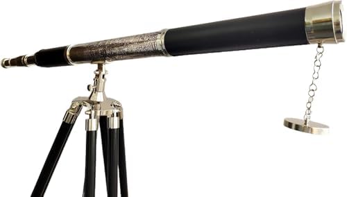 Nautical Vintage Floor Standing Brass Telescope with Black Wooden Tripod