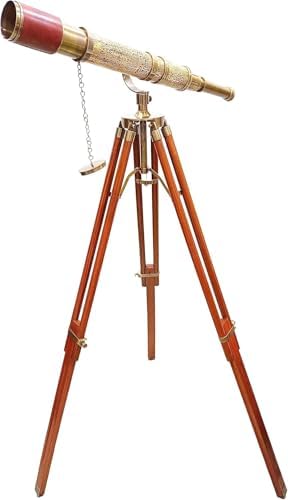 Nautical Handmade Telescope with Brown Leather and Wooden Tripod